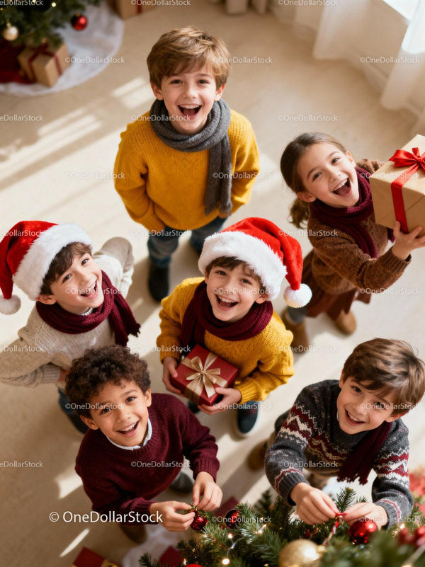 Happy children celebrating Christmas around decorated tree