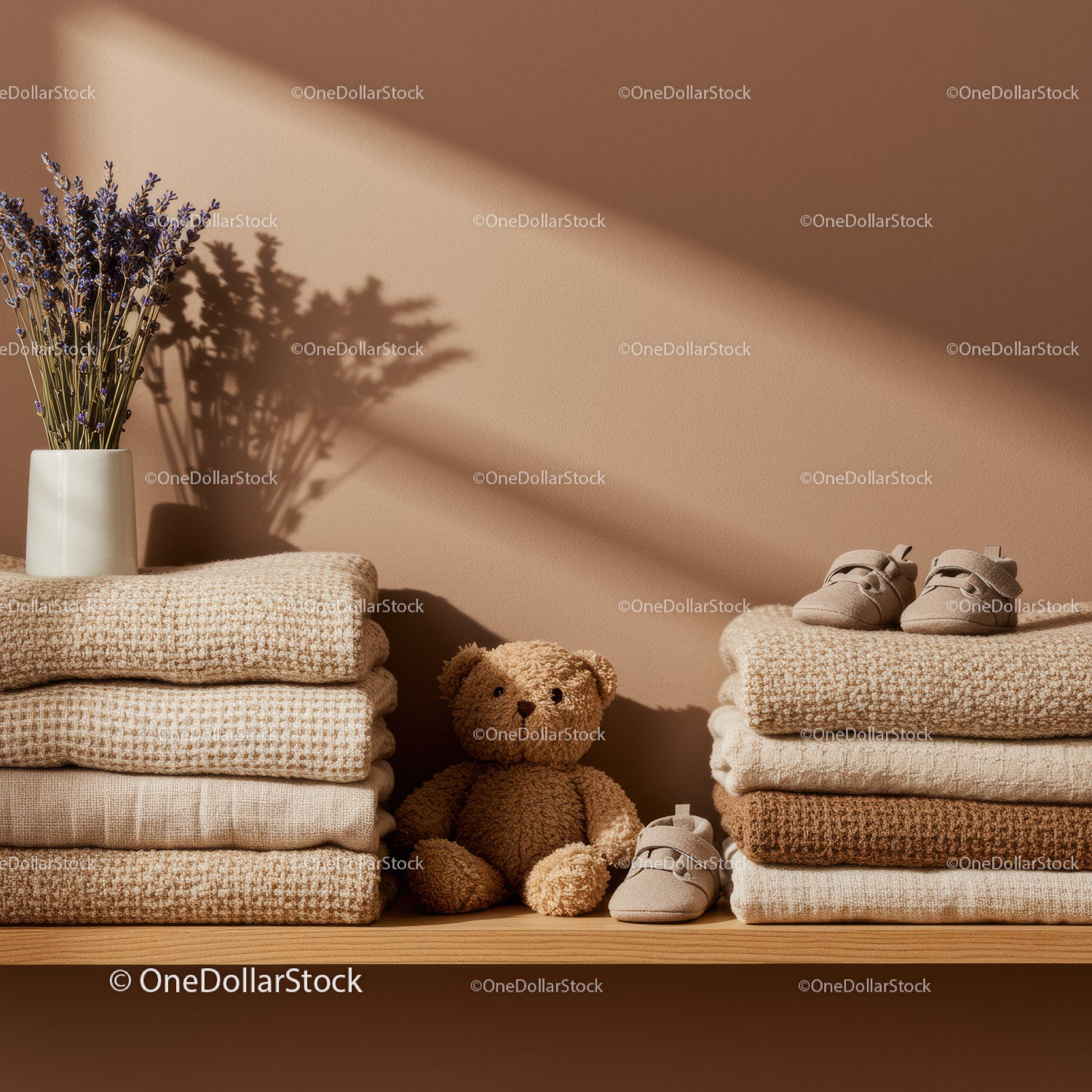Cozy stacked knitted blankets with teddy and baby shoes