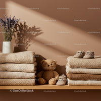 Cozy stacked knitted blankets with teddy and baby shoes
