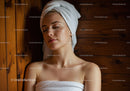 Relaxing Woman with Towel Turban in Spa Setting