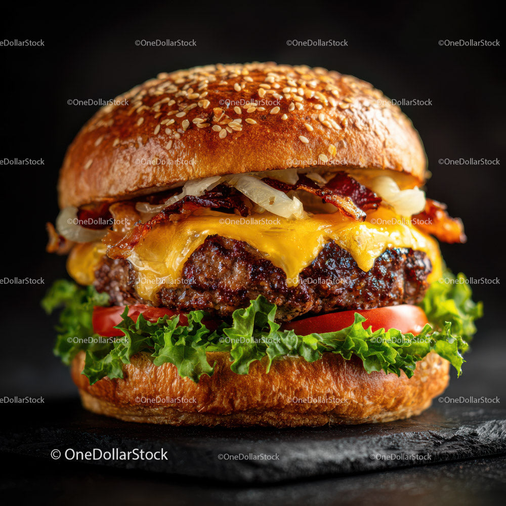 Wykwintny burger wołowy z serem, boczkiem, sałatą i pomidorem