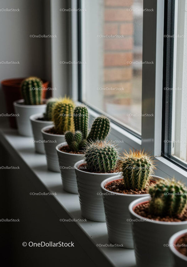 Collection of Cacti and Succulents on Windowsill for Modern Indoor Decor