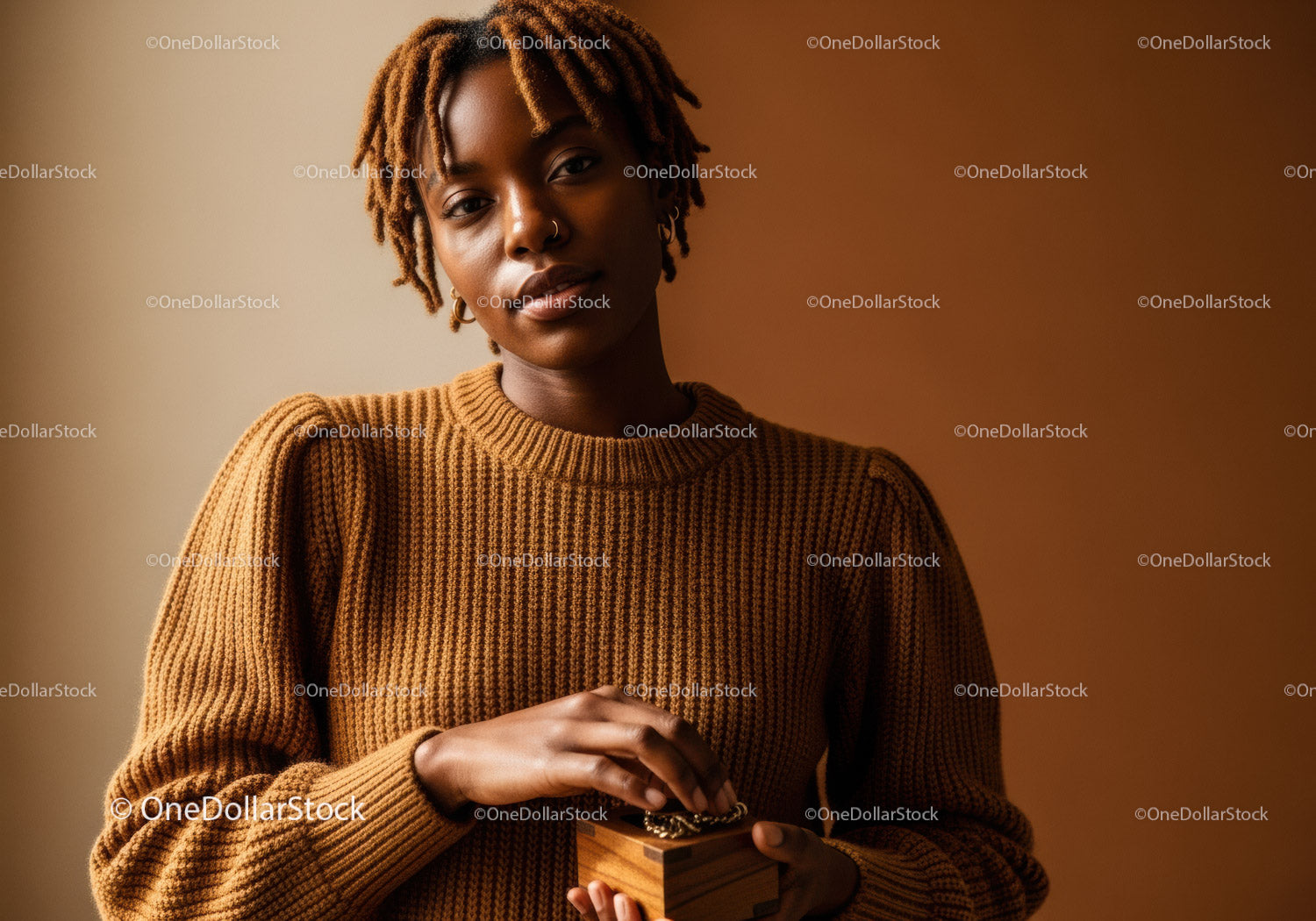 Confident Woman Wearing Cozy Brown Sweater Holding Wooden Box