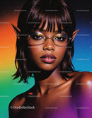 Portrait of young woman with elf ears and colorful background