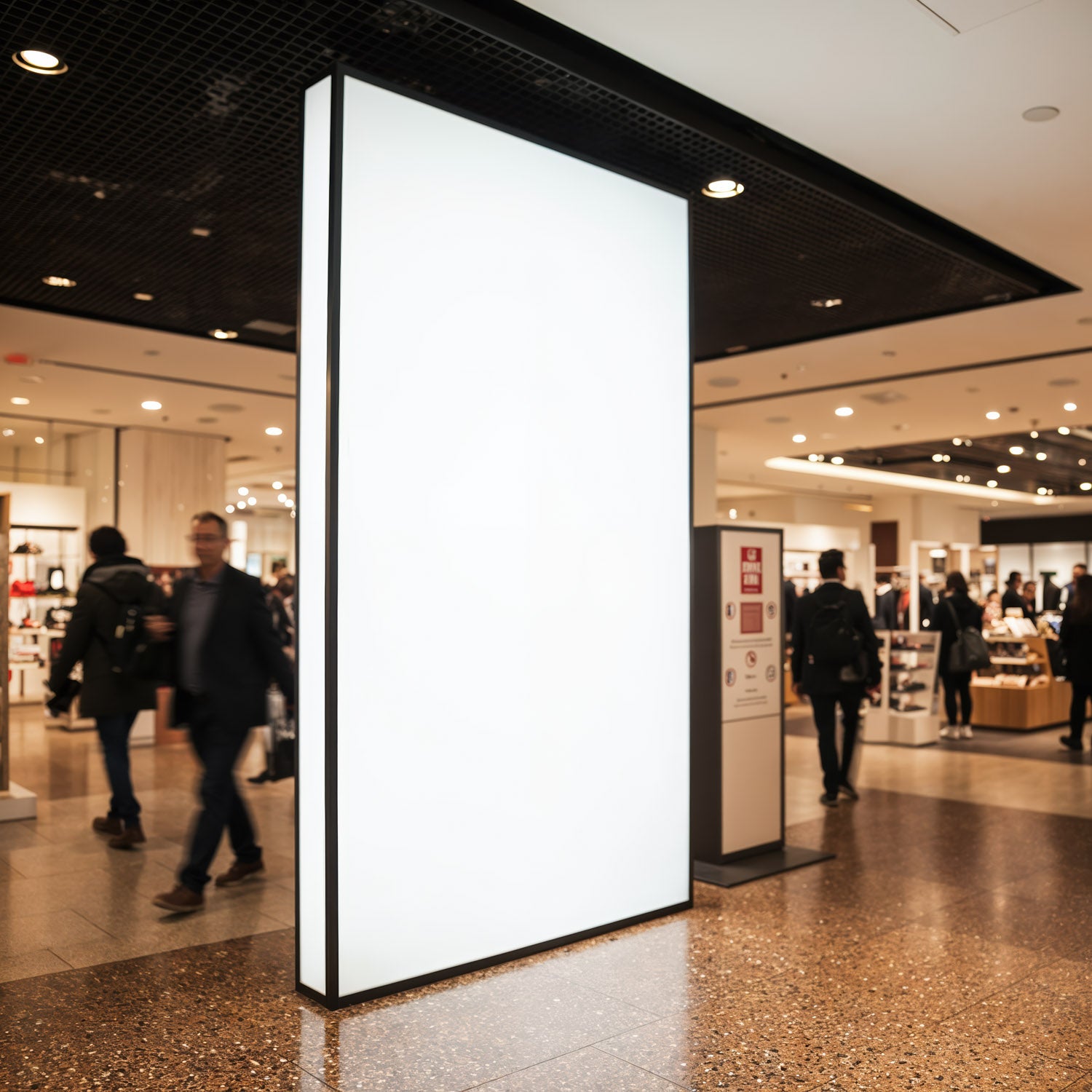 Blank illuminated advertising display in busy shopping mall