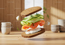 Fresh smoked salmon sandwich with cucumber and dill sauce