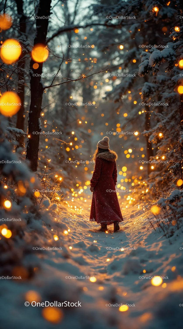Woman walking through magical snowy forest with glowing lights