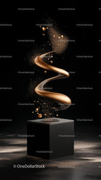 Elegant Golden Ribbon with Floating Shapes on Black Background