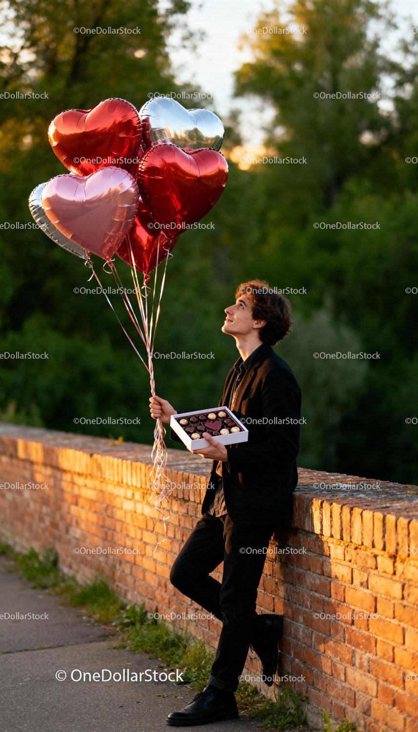Young man with heart balloons and chocolates outdoors