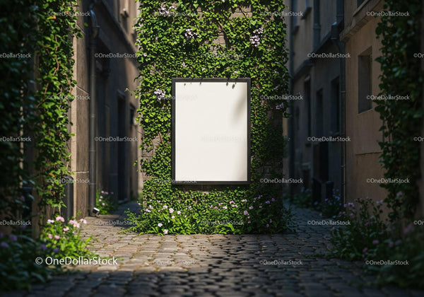 Blank signboard framed by lush green ivy in narrow alley JPG Mockup Image