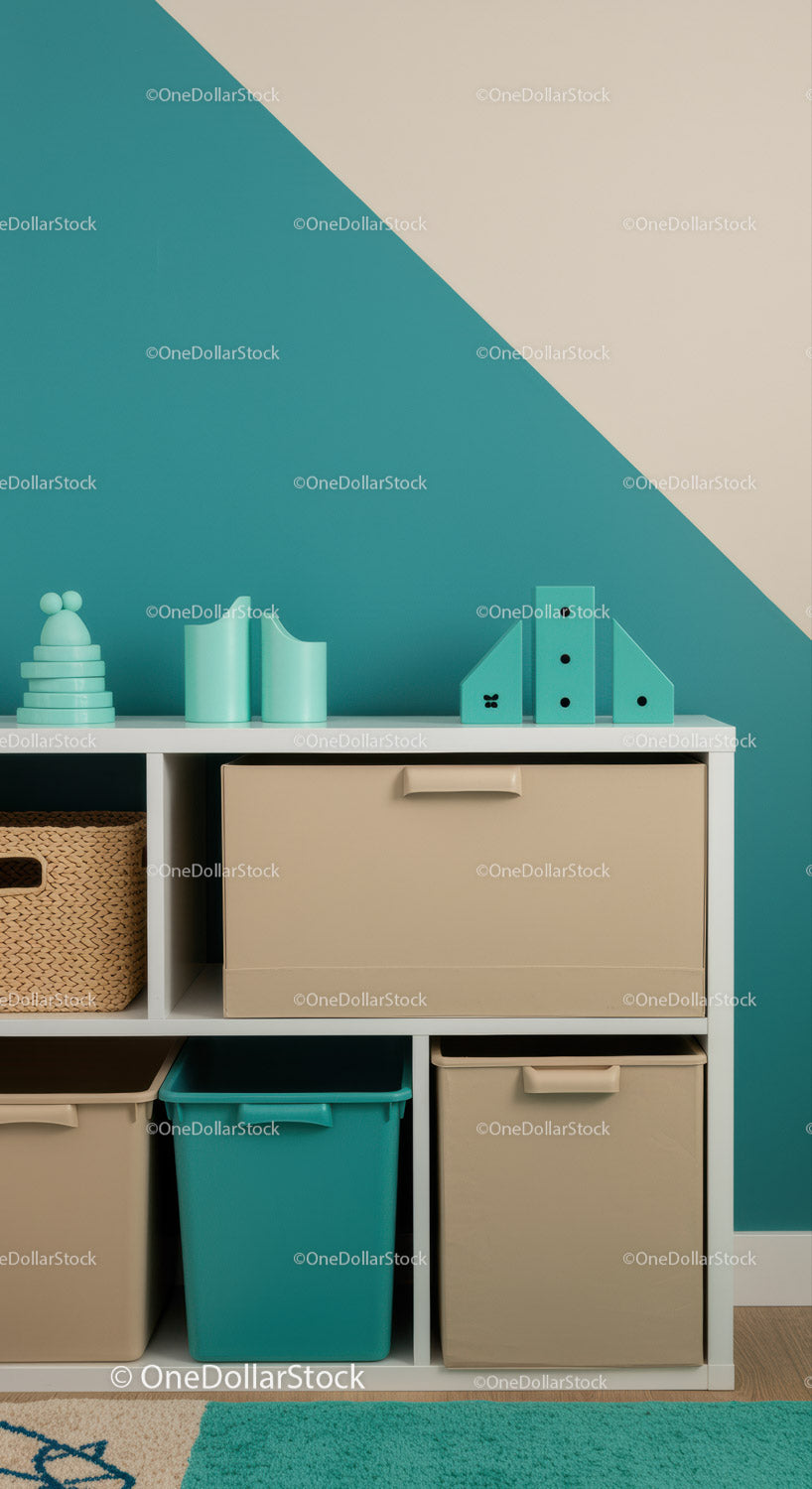 Stylish Modern Storage Unit with Beige Drawers and Teal Baskets