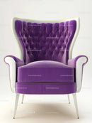 Elegant Purple Velvet Armchair with High Backrest and Tufted Design