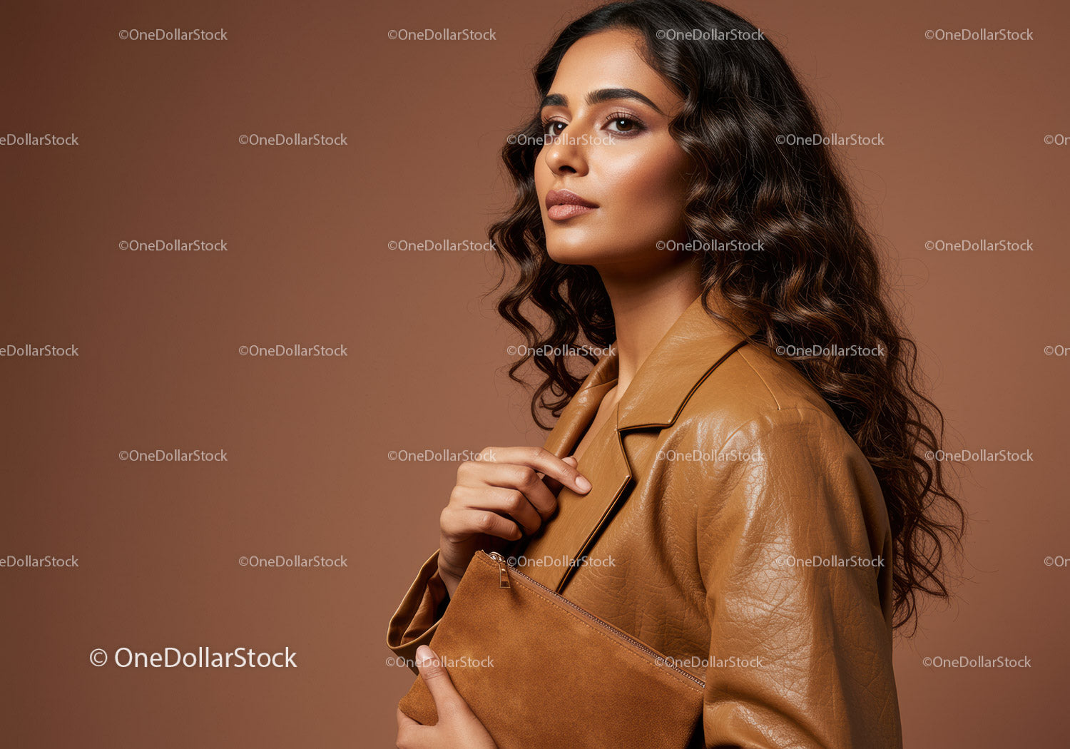 Elegant Fashion Portrait of a Woman in Brown Leather Jacket with Wavy Hair