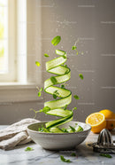 Fresh cucumber ribbon with mint leaves in ceramic bowl