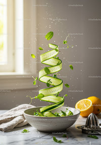 Fresh cucumber ribbon with mint leaves in ceramic bowl