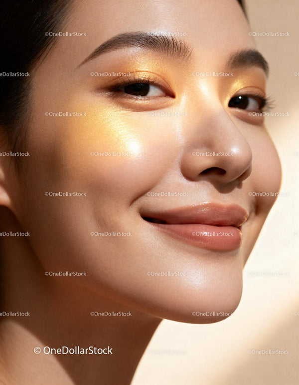 Close-up of radiant woman with golden makeup glow