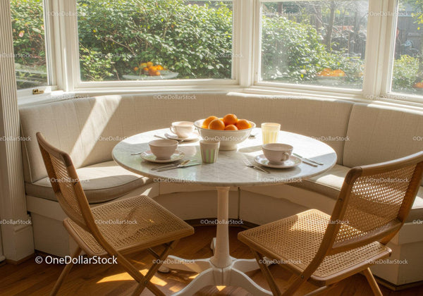 Cozy breakfast nook with natural light and fresh oranges