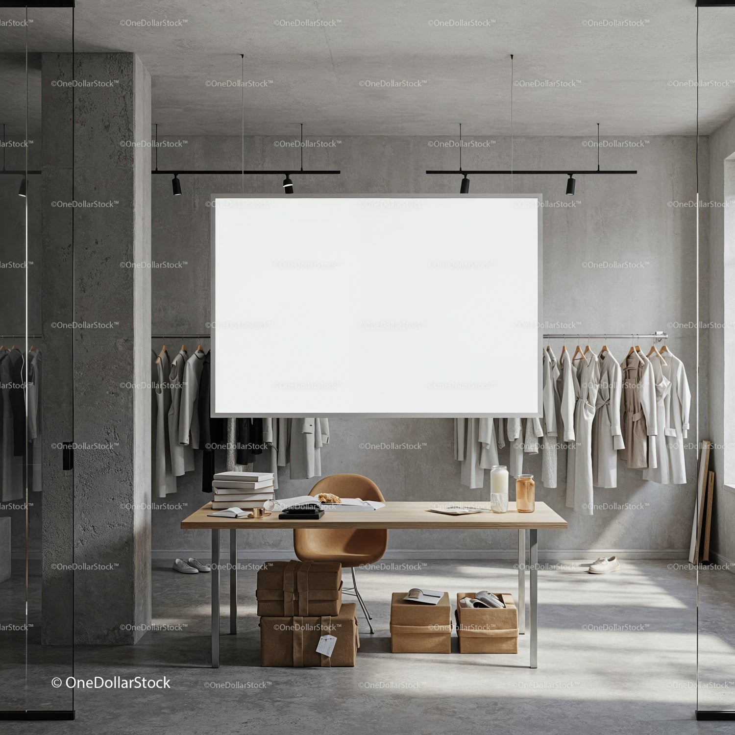 Minimalist fashion showroom with neutral clothing display