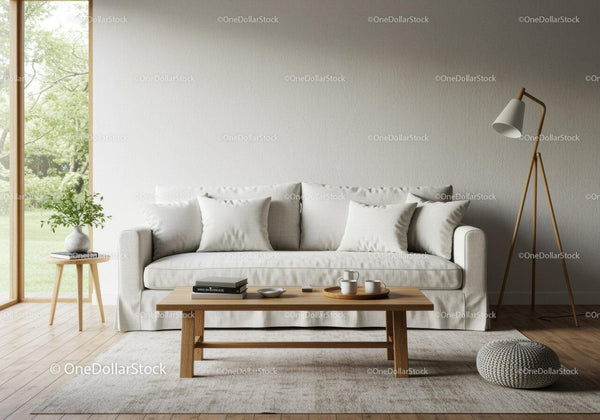 Przytulny nowoczesny salon w neutralnych tonach z naturalnym światłem