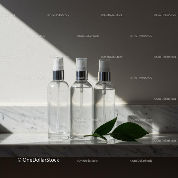 Minimalist clear spray bottles on marble shelf JPG Mockup Image
