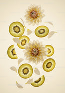 Golden kiwi slices with soft beige flower petals