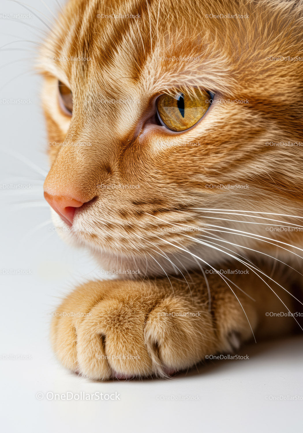 Close up of a curious orange cat's face and paw