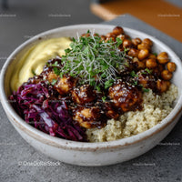 Colorful Quinoa Salad with Avocado Roasted Chickpeas and Microgreens