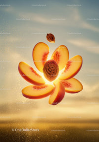 Sliced Peach with Stone Floating in Golden Light