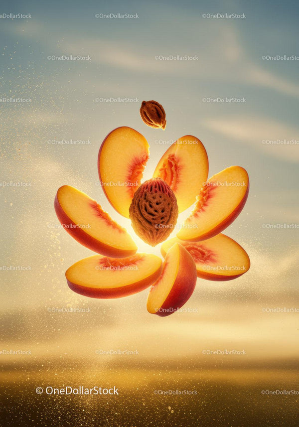 Sliced Peach with Stone Floating in Golden Light