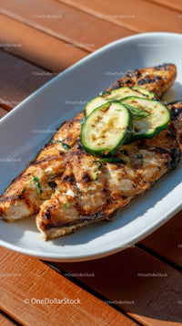 Fresh Grilled Fish with Cucumbers and Herbs on White Plate