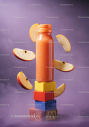Fruit smoothie bottle with floating apple slices and colorful blocks