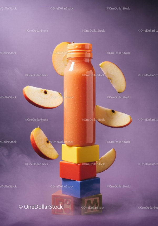 Fruit smoothie bottle with floating apple slices and colorful blocks JPG Mockup Image