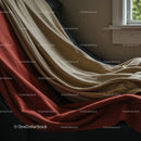 Close-up of Beige and Brick Red Curtains by Window in Sunlit Room