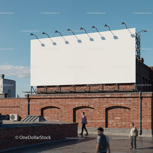 Blank white billboard on old brick building rooftop JPG Mockup Image