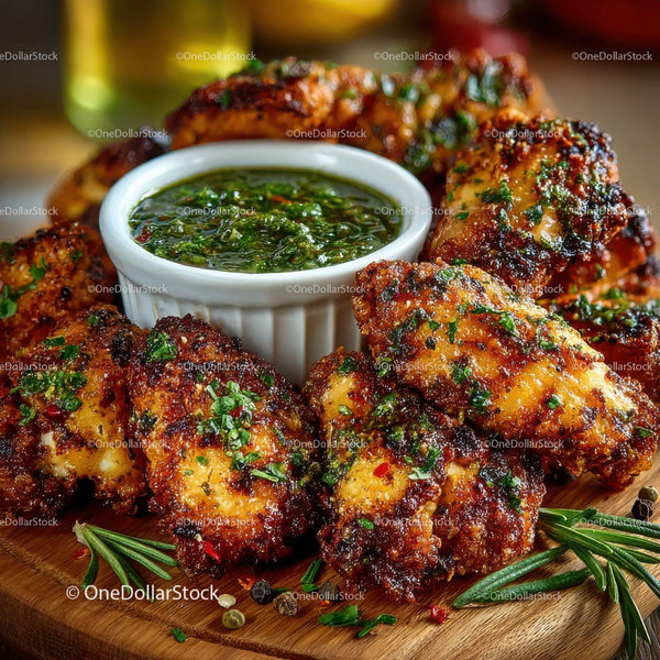 Juicy Crispy Chicken Wings with Herb Dipping Sauce on Wooden Platter
