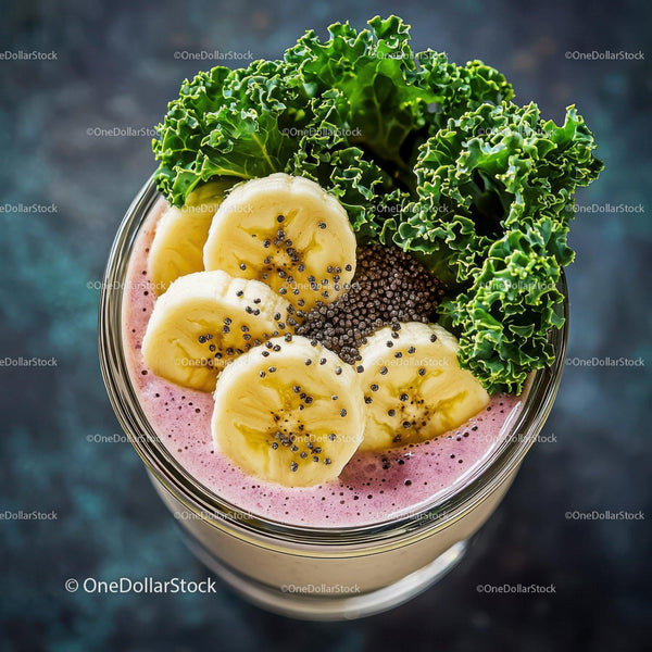 Zdrowy różowy smoothie z plasterkami banana i jarmużem