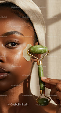 Close-up of a Woman Using Jade Roller for Facial Rejuvenation