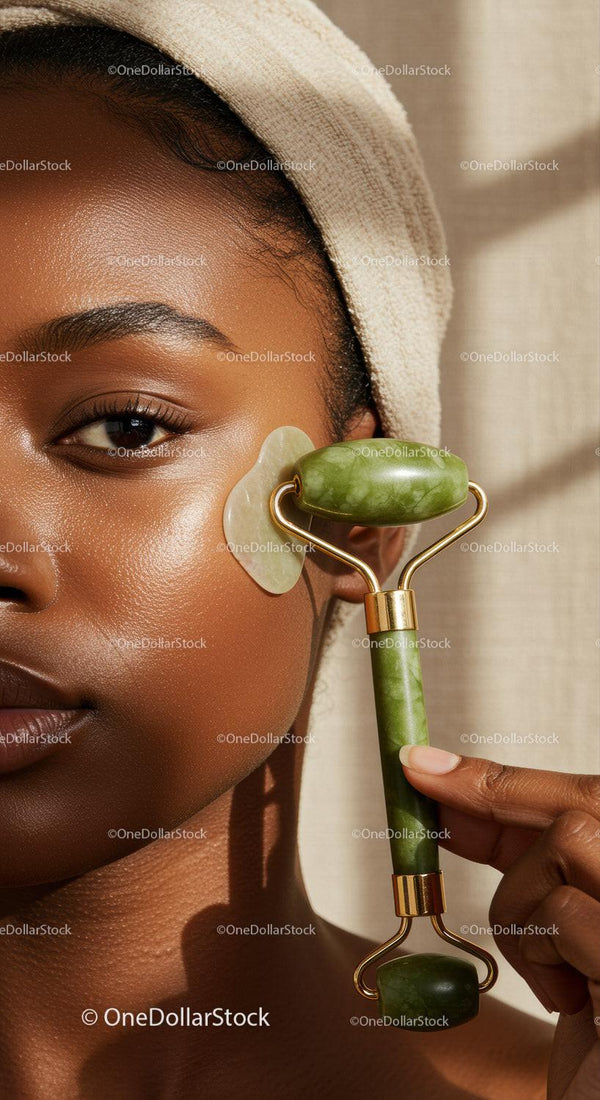 Close-up of a Woman Using Jade Roller for Facial Rejuvenation