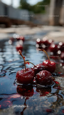 Close-up of Juicy Red Cherries Reflecting in Water