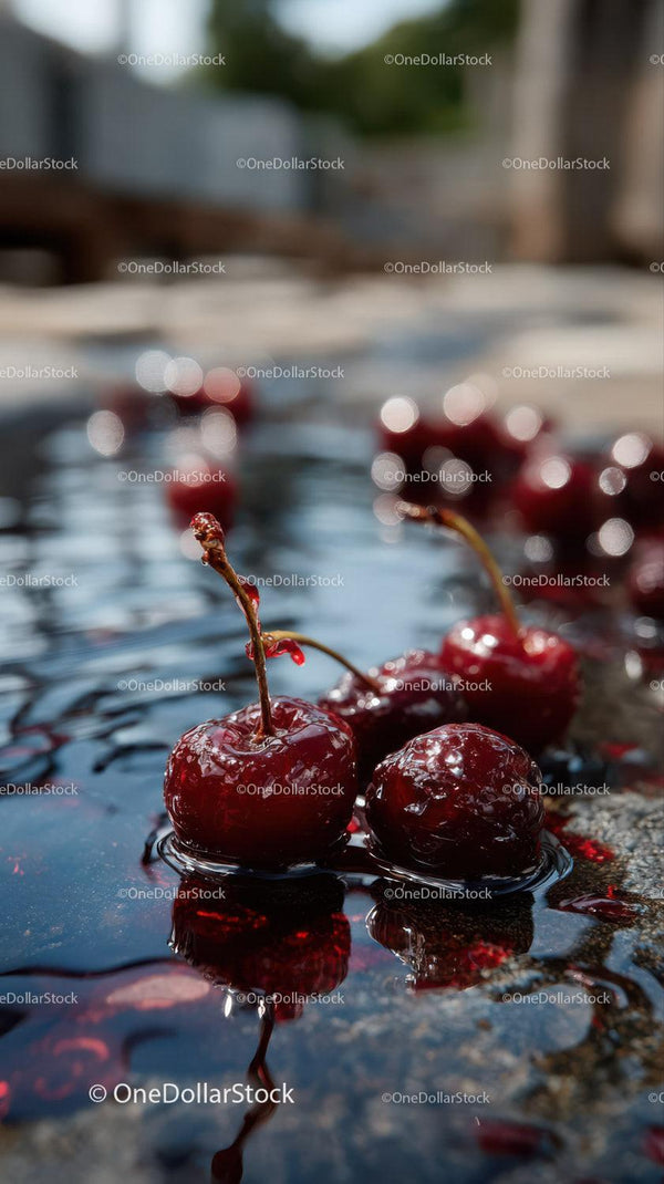 Close-up of Juicy Red Cherries Reflecting in Water