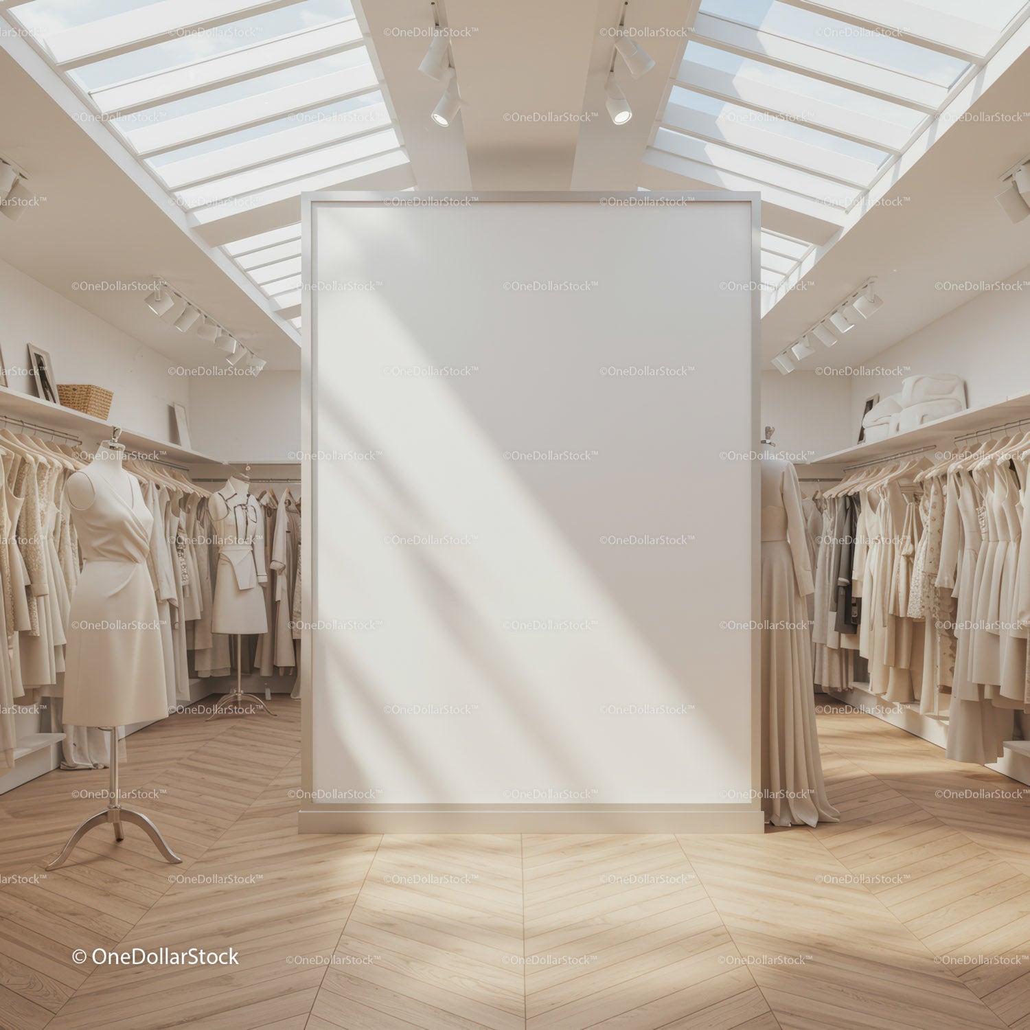 Bright boutique interior with neutral tone fashion dress display