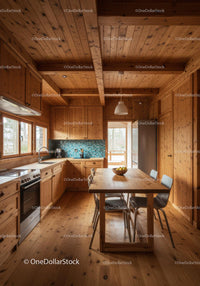 Rustic Wooden Kitchen with Blue Tiled Backsplash and Modern Dining Area