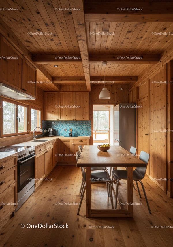 Rustic Wooden Kitchen with Blue Tiled Backsplash and Modern Dining Area