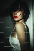 Elegant Woman with Red Lips in Stylish Evening Dress