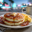 Sweet Pancakes with Bacon and Maple Syrup on a Breakfast Plate