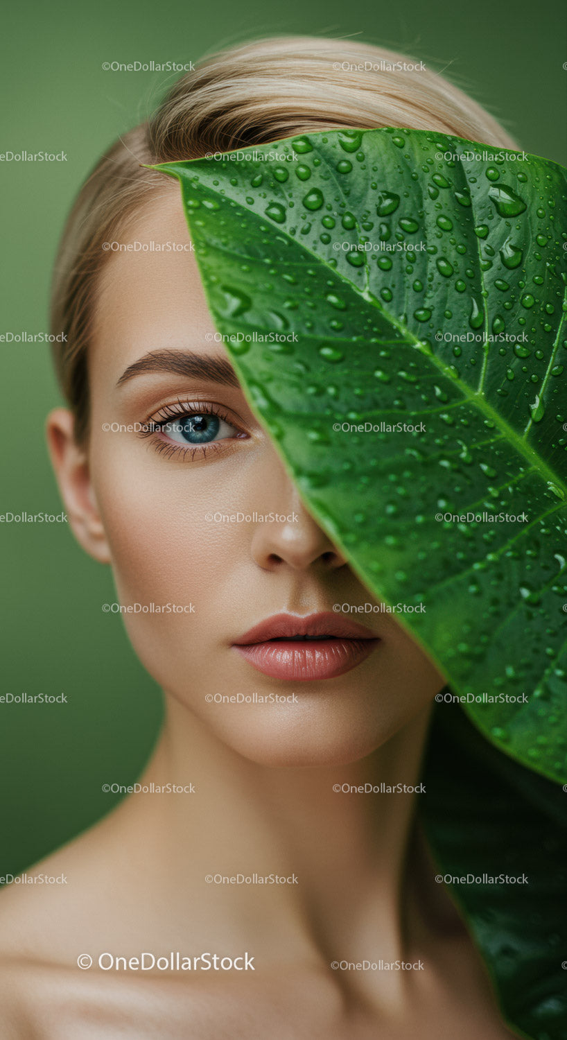 Young Woman with Tropical Leaf and Water Droplets in Natural Setting