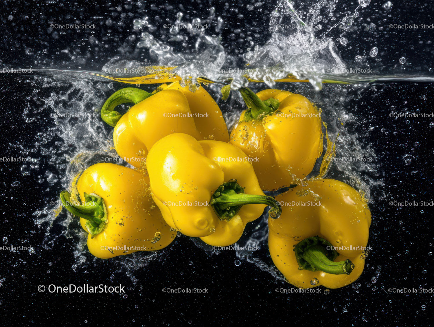 Vibrant Yellow Bell Peppers Under Water Splash in Bright Kitchen Scene