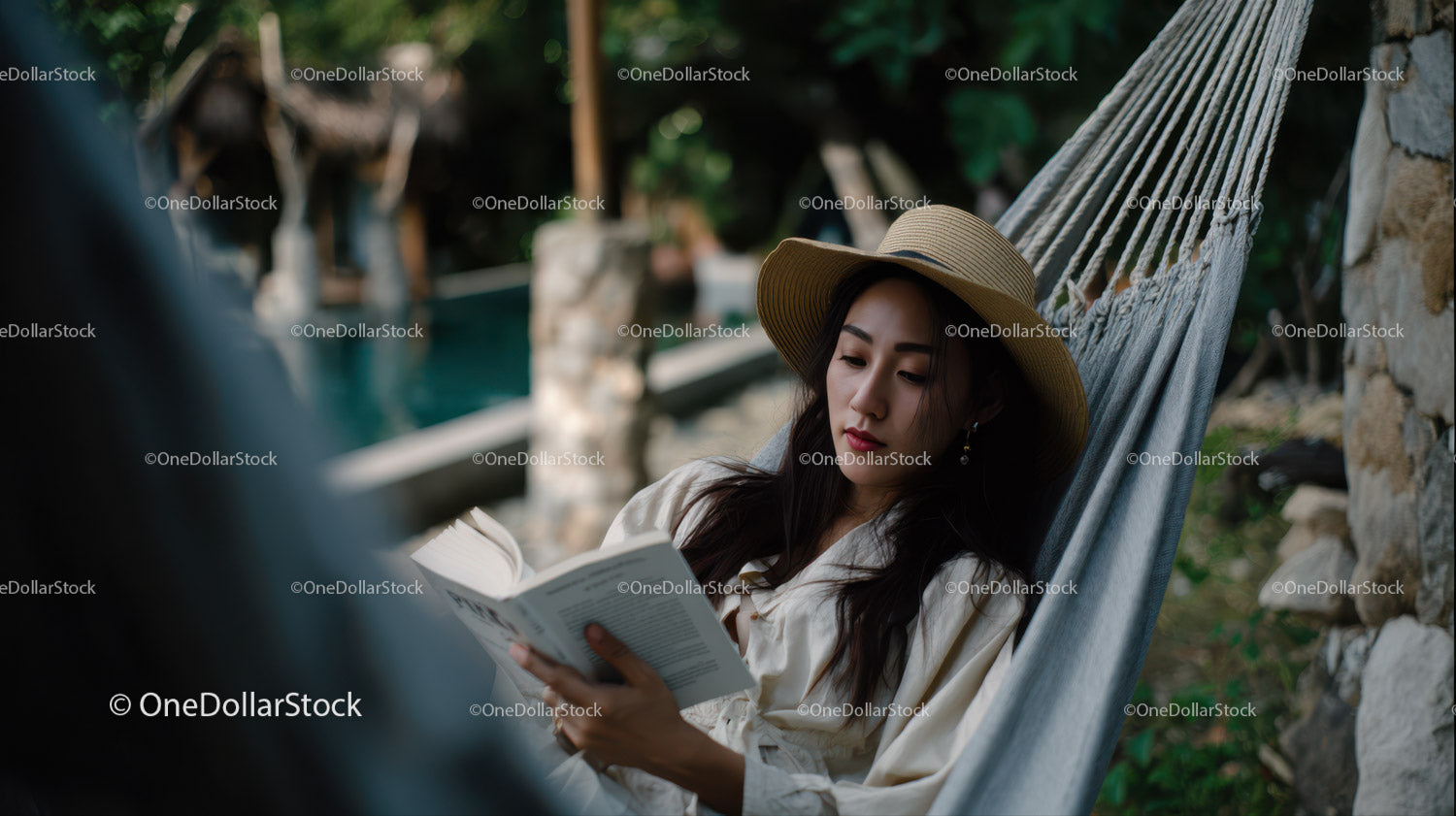 Relaxing Woman Reading in Hammock Surrounded by Nature