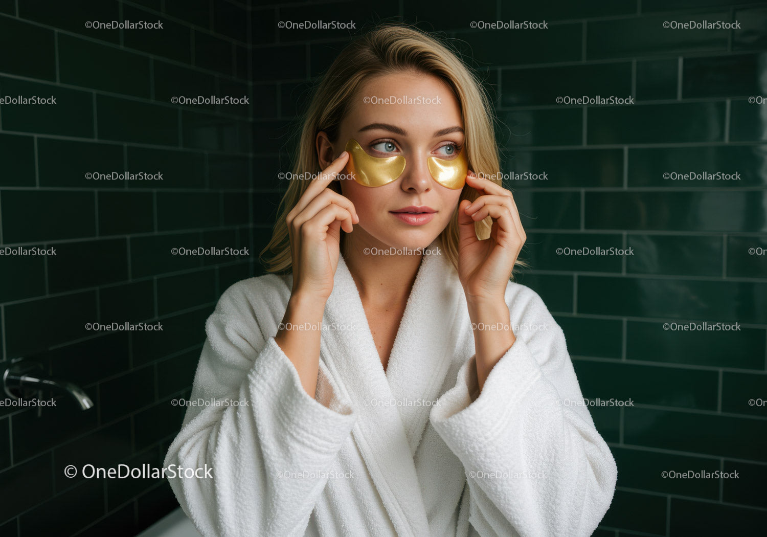 Young Woman Applying Under-Eye Gold Gel Patches for Skin Care