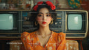 Stylish Woman Wearing Floral Headband Posing with Vintage TV